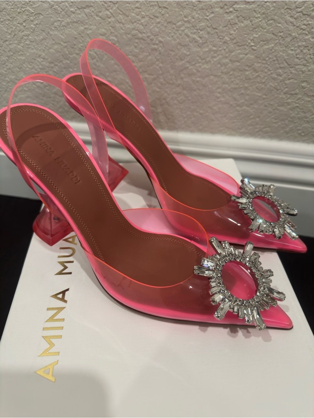 Amina Muaddi Neon Pink Crystal-Embellished PVC Slingback Pumps